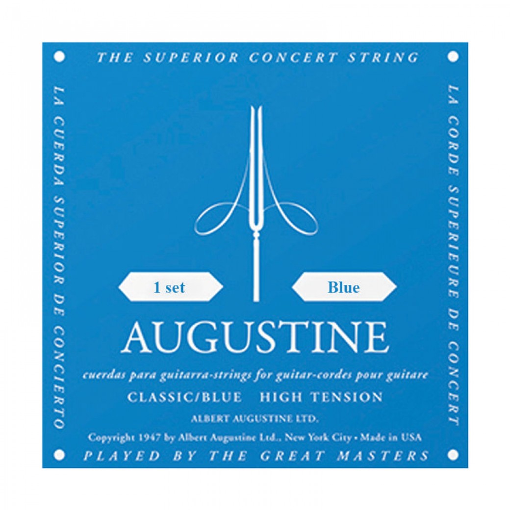 Augustine guitar string set packaging with blue background and white text