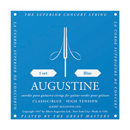 Augustine guitar string set packaging with blue background and white text