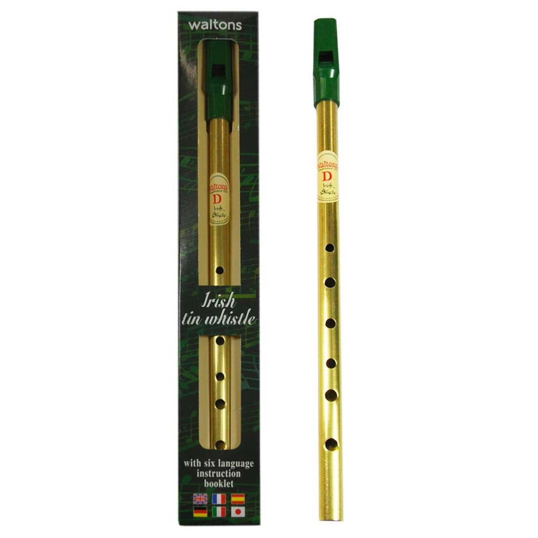 Gold tin whistle with packaging on a white background