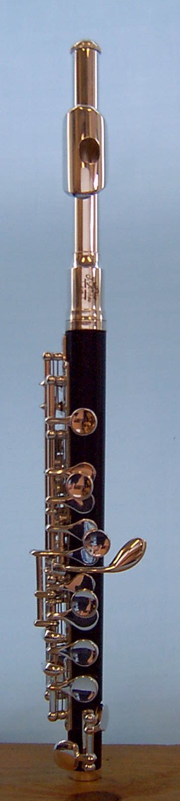 Flute with silver keys on a light blue background