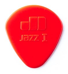 Red guitar pick with 'JD' branding on a white background