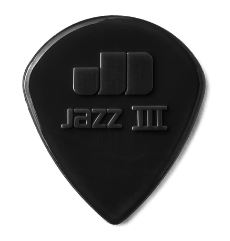 Black guitar pick with 'Jazz III' branding on a white background