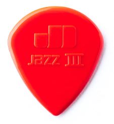 Red guitar pick with 'jazz 3' brand logo on a white background