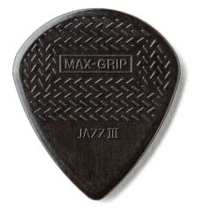 Black guitar pick with 'MAX GRIP' and 'Jazz III' text on a white background