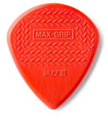 Red guitar pick with 'Max-Grip' and 'Jazz III' text on a white background