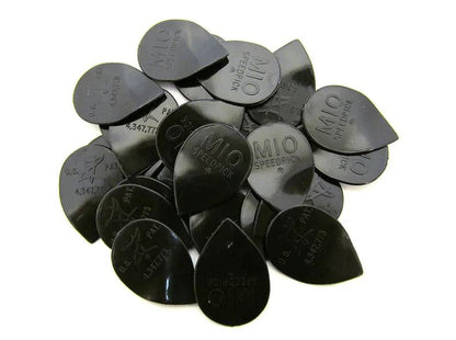 Collection of black guitar picks with 'MIO' branding on a white background