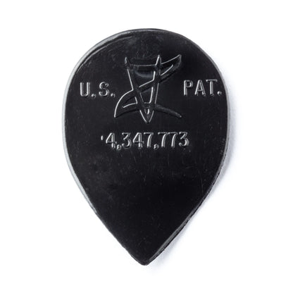 A single black teardrop-shaped guitar pick with embossed white text reading 'U.S.
