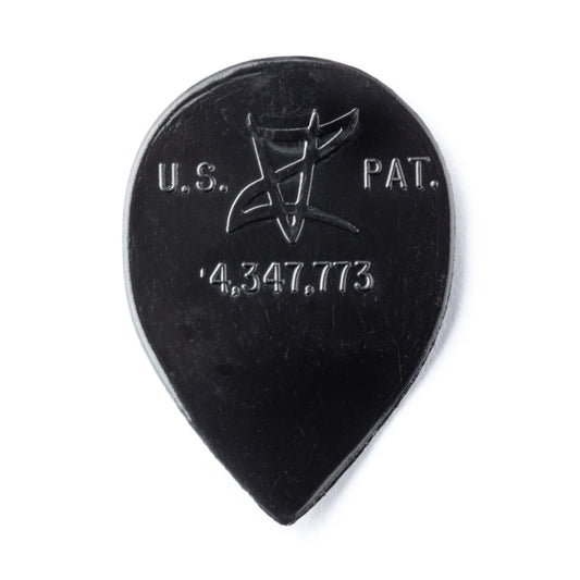 A single black teardrop-shaped guitar pick with embossed white text reading 'U.S.