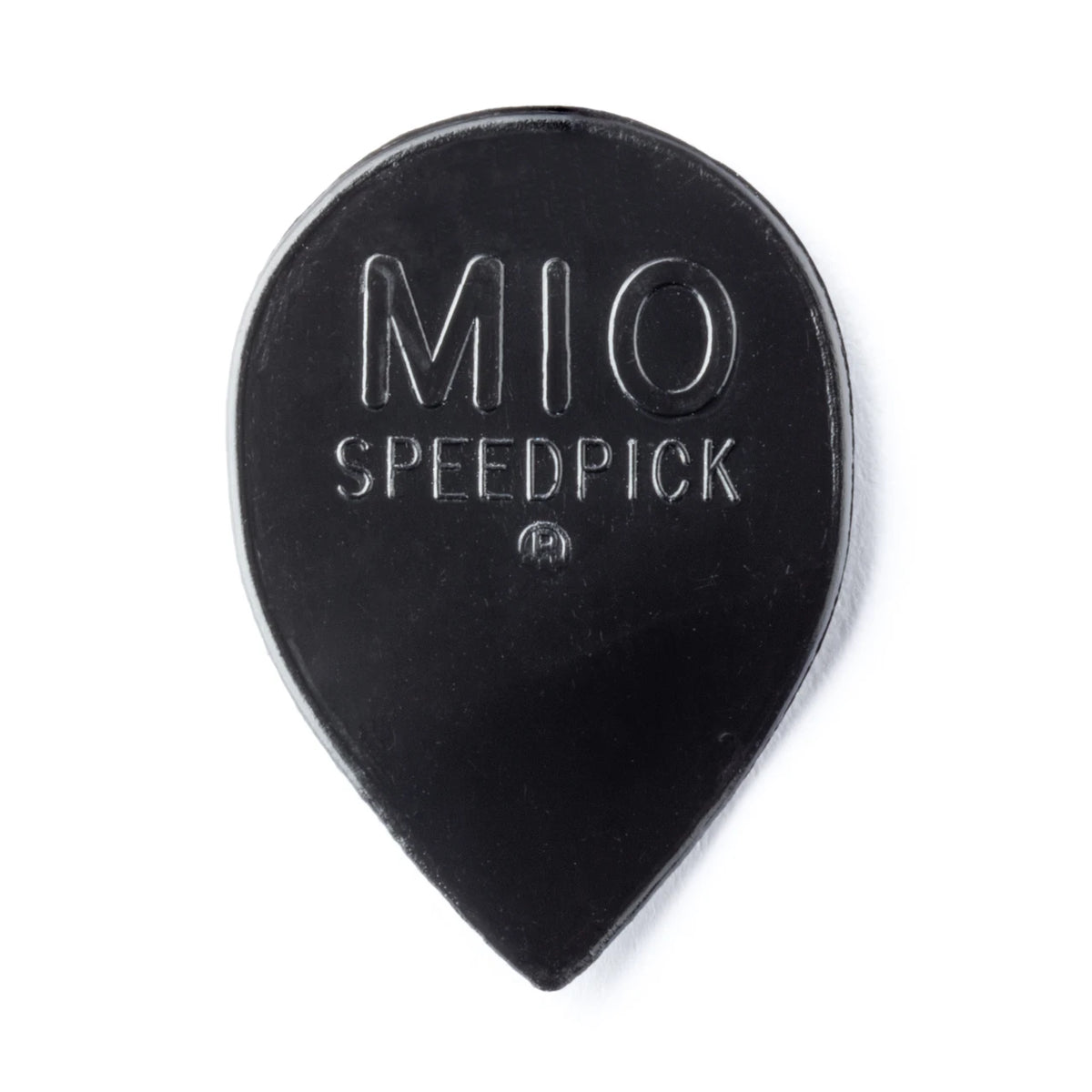 Black guitar pick with 'MIO SPEEDPICK' text on a white background
