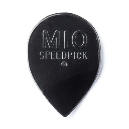 Black guitar pick with 'MIO SPEEDPICK' text on a white background
