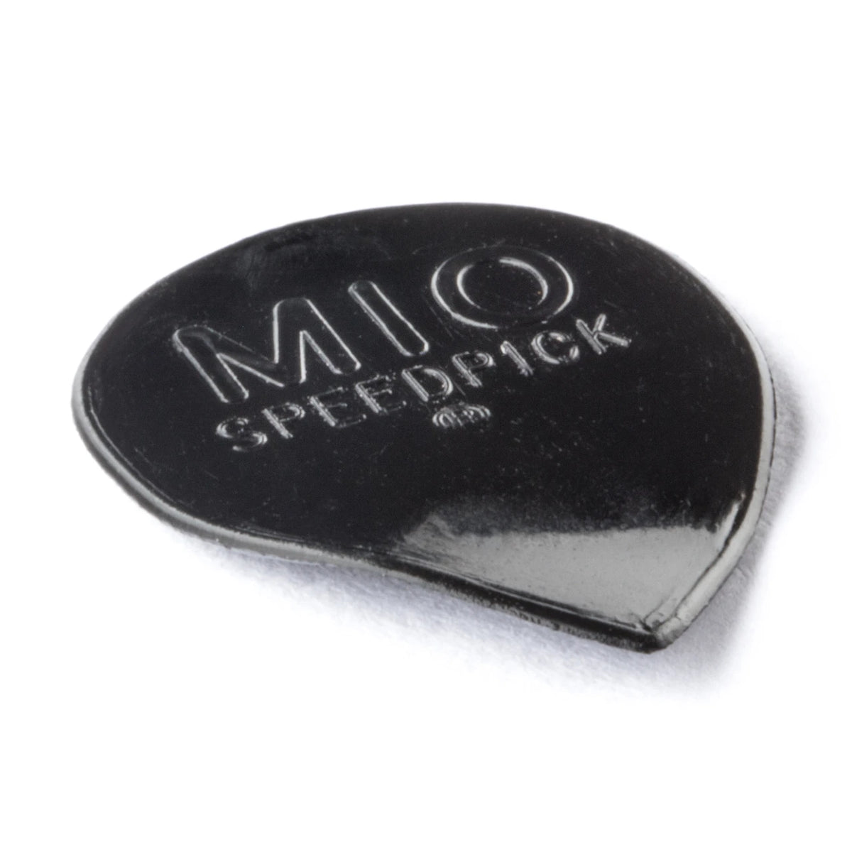 Black guitar pick with 'MIO Speedpick' branding on a white background