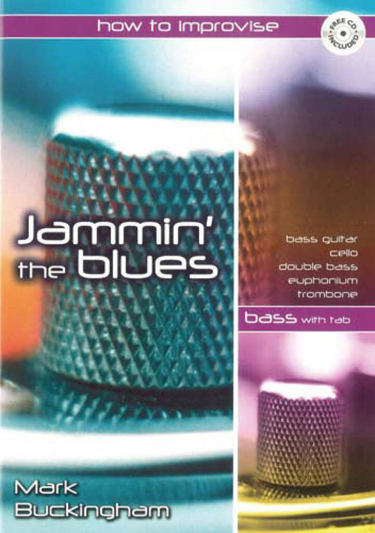 Book cover of 'Jammin' the Blues' with musical instruments and text on a colorful background