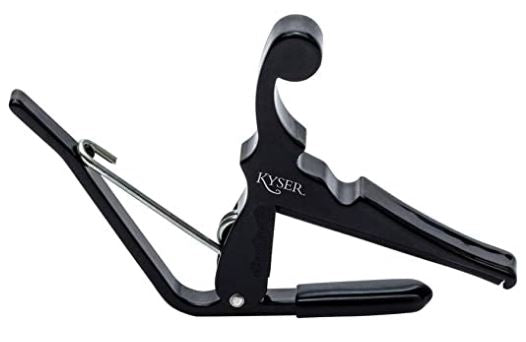 Black  banjo and mandolin capo with 'Kyser' branding on a white background
