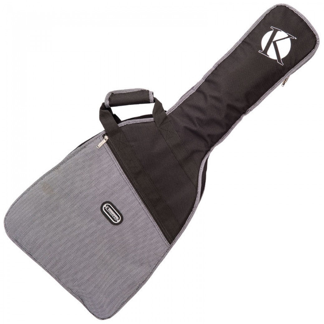 Gray and black guitar case with a brand logo on a white background