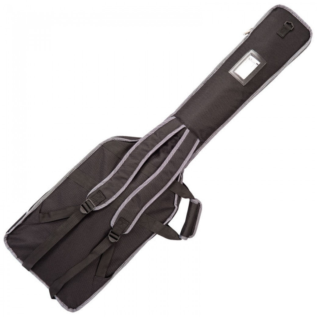 Black guitar case with gray interior on a white background