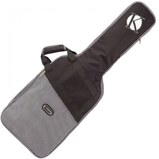 Gray and black guitar case with a brand logo on a white background