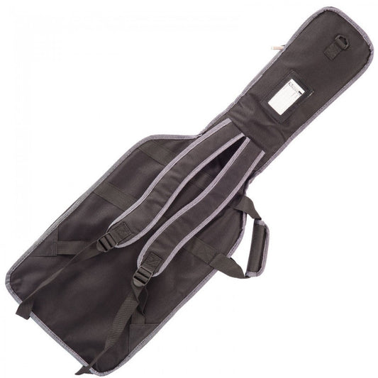 Gray guitar case with a strap on a white background
