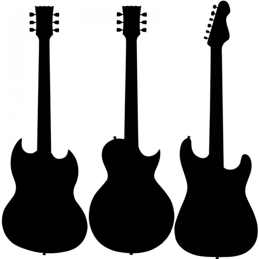 Silhouettes of three electric guitars which will fit in the case, on a white background