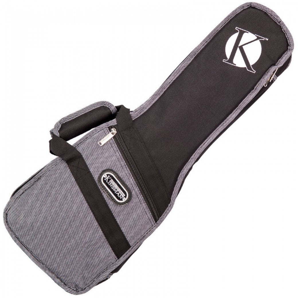 Gray and black guitar case with black interior and Kinsman logo on a white background