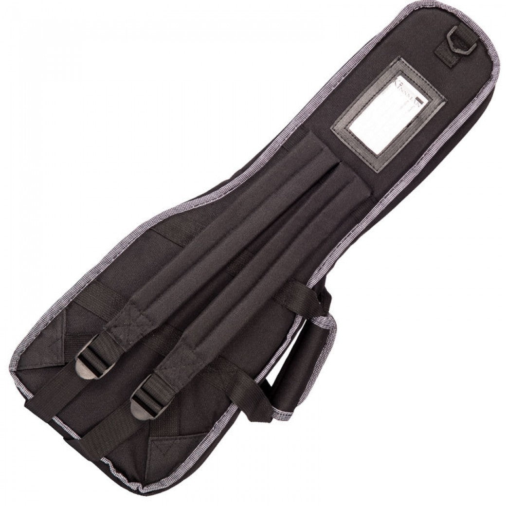Black and gray guitar case with black shoulder straps on a white background