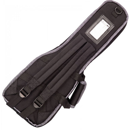 Black and gray guitar case with black shoulder straps on a white background