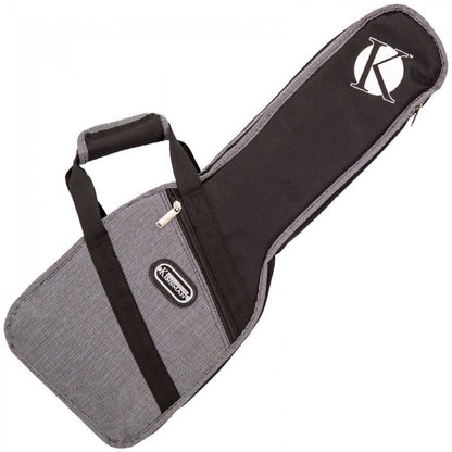 Gray and black ukulele case with black interior and handle on a white background