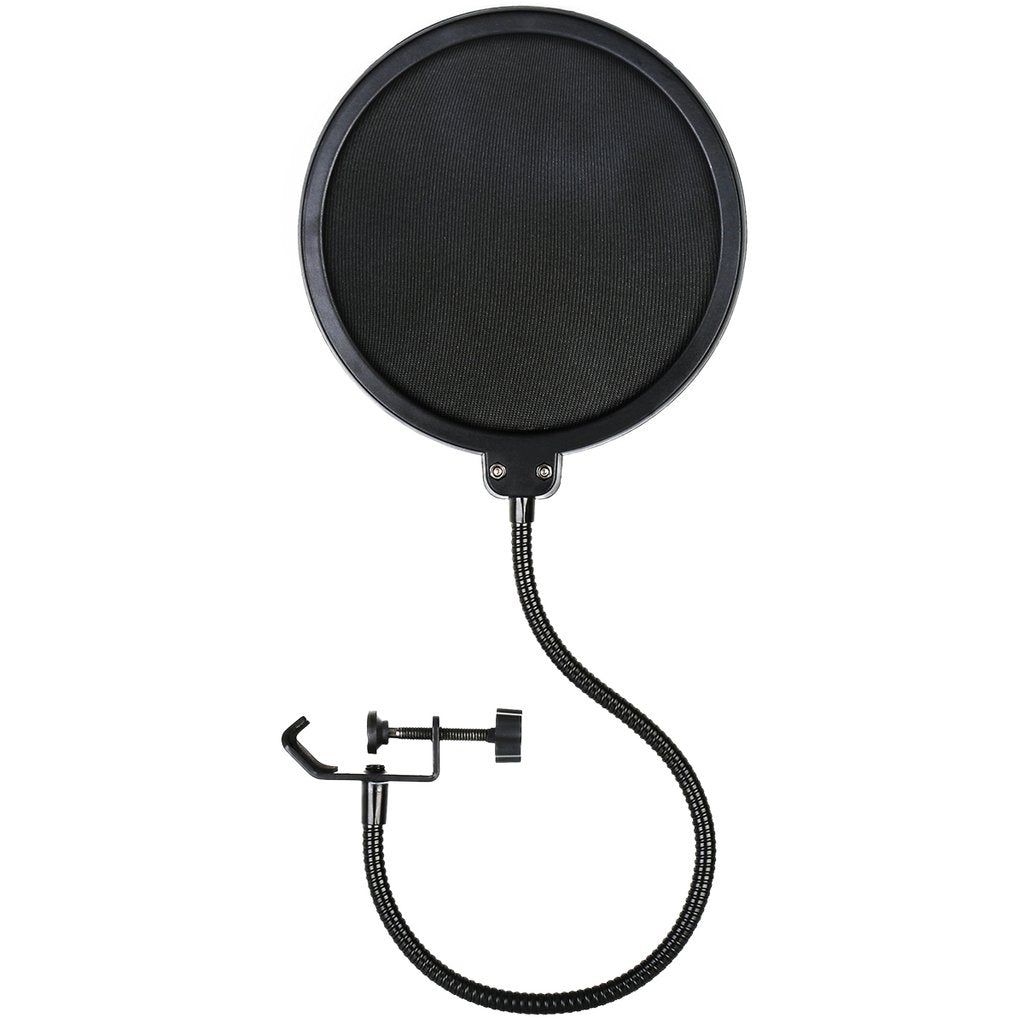 Black pop filter with a flexible mounting arm on a white background