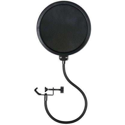 Black pop filter with a flexible mounting arm on a white background