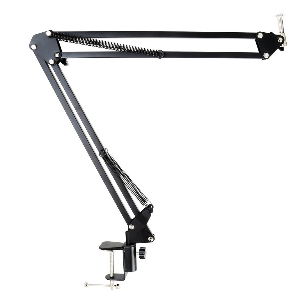 Black adjustable microphone stand arm on a white background