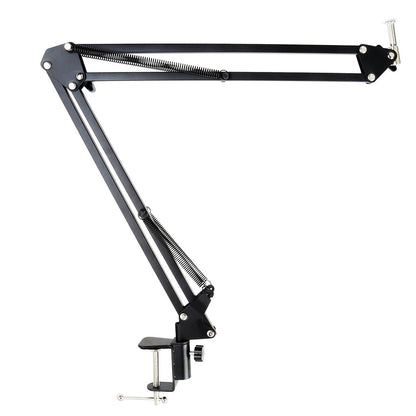 Black adjustable microphone stand arm on a white background