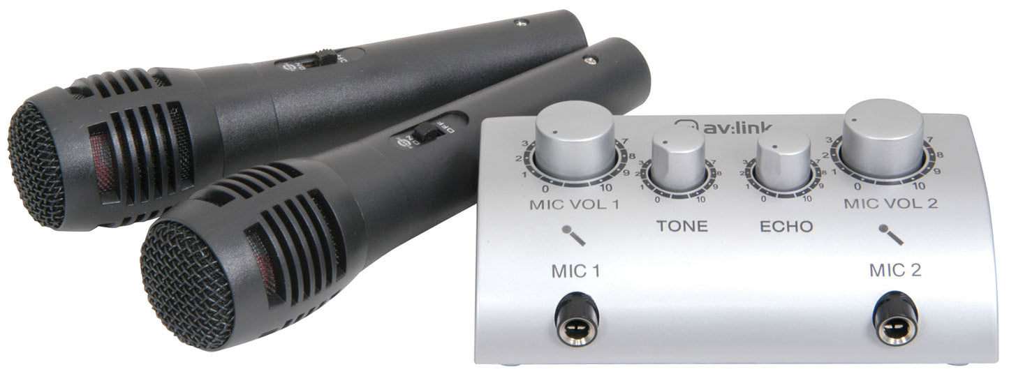 Two microphones and a microphone mixer on a white background