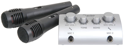 Two microphones and a microphone mixer on a white background