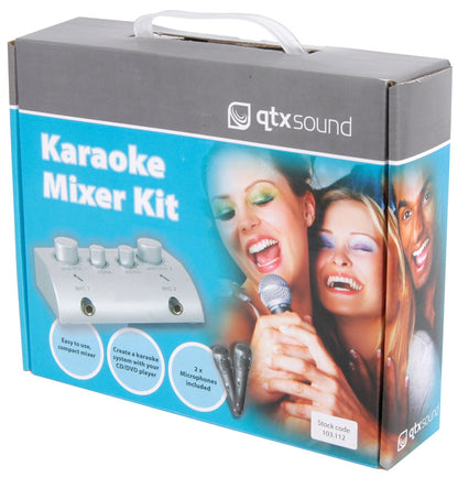 Qtxsound Karaoke Mixer Kit packaging with images of people singing and a mixer on a blue background.
