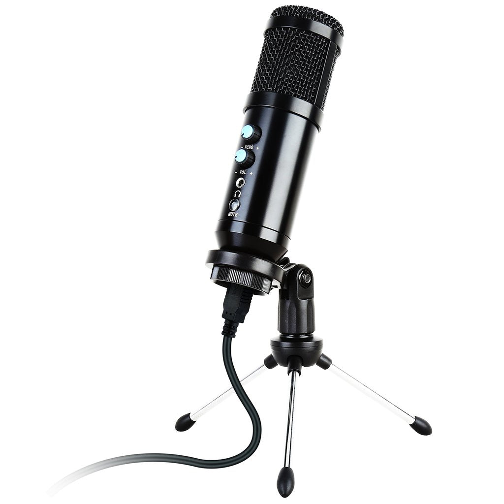 Black microphone with stand on a white background