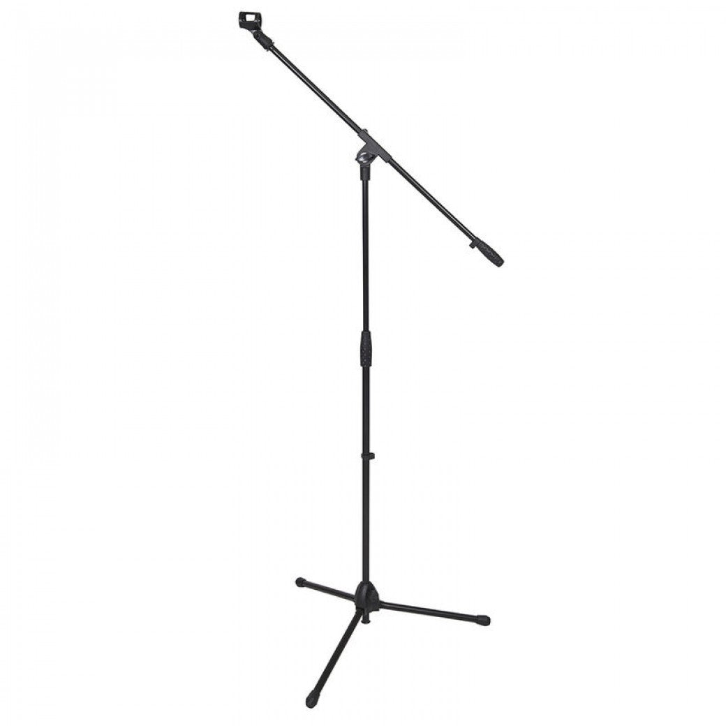 Black microphone stand on a white background