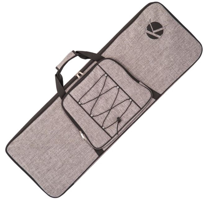 Gray guitar case with a handle and brand logo on a white background