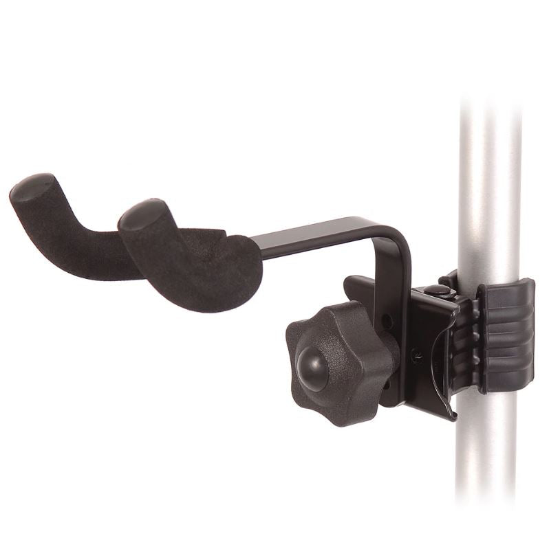 Black stand that attached to an other stand, ideally strong floor stand. it has a clamp where it attaches to the stand and a u shaped  foam covered where hung the instrument