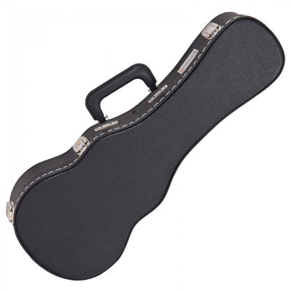 Black ukulele case with a handle on a white background