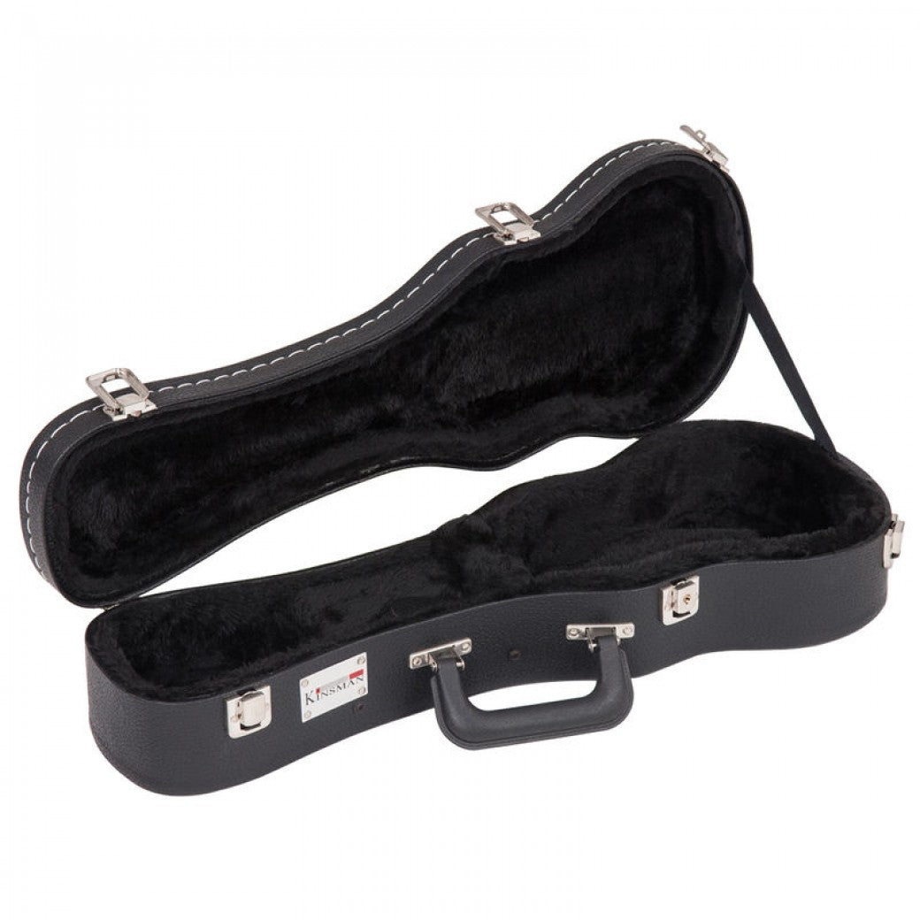 Black ukulele case with a visible brand logo on a white background