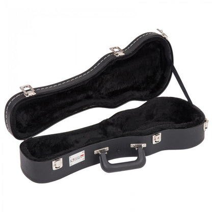 Black ukulele case with a visible brand logo on a white background