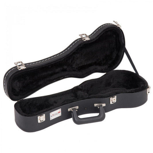 Black ukulele case with a visible brand logo on a white background