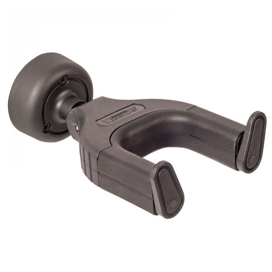 Black clamp-like 
wall hanger, it'll close once the guitar headstock is placed in/on it on a white background
