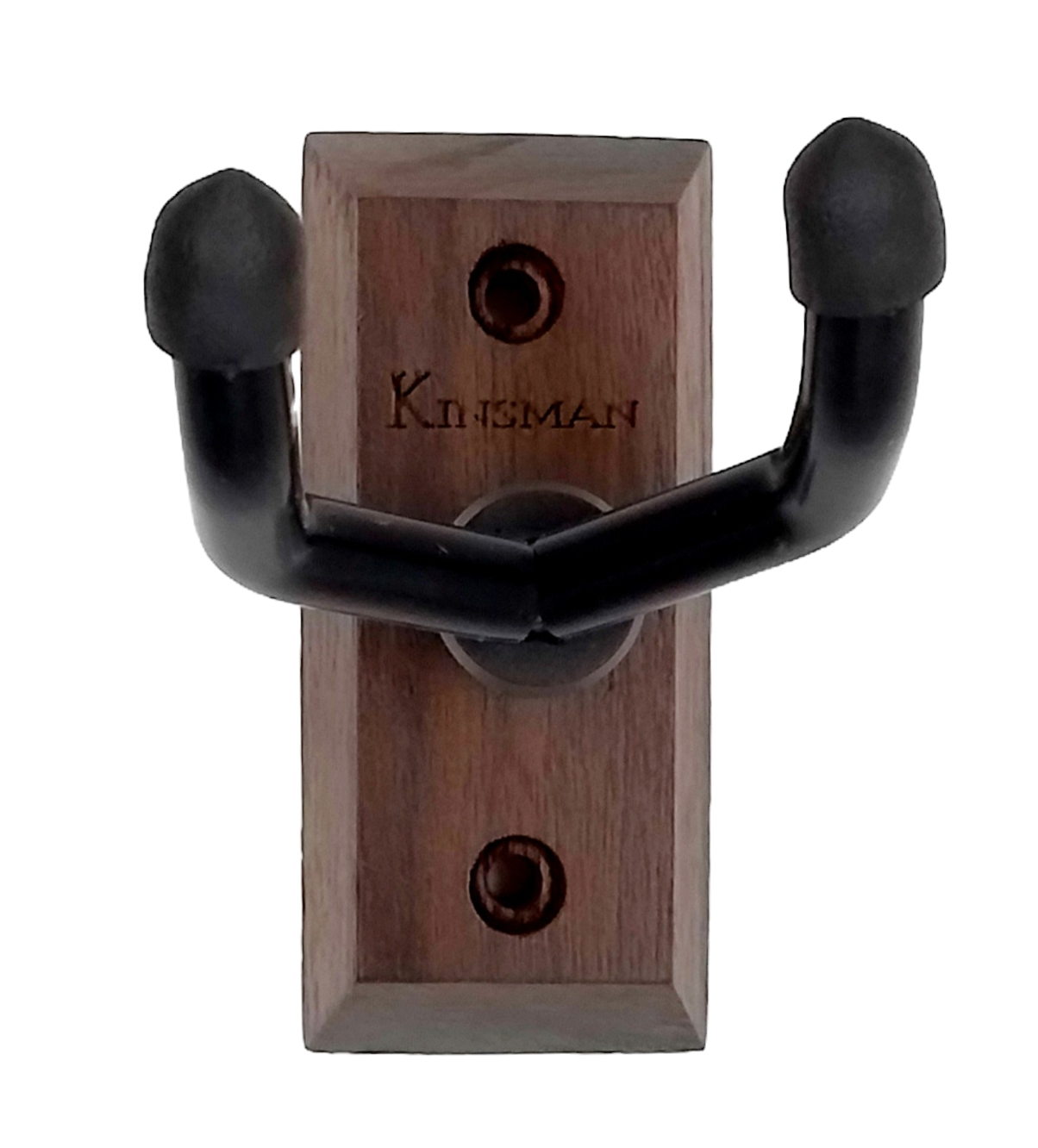This wall hanger has two sections a wooden one, which consists in a block with two screw holes in it to attach to the wall and a metal hook where the violin and bow are suspended; the violin from the scroll and the bow by the frog. the colour if brown and black with black foam. also, the brand 'Kinsman' is written in it.