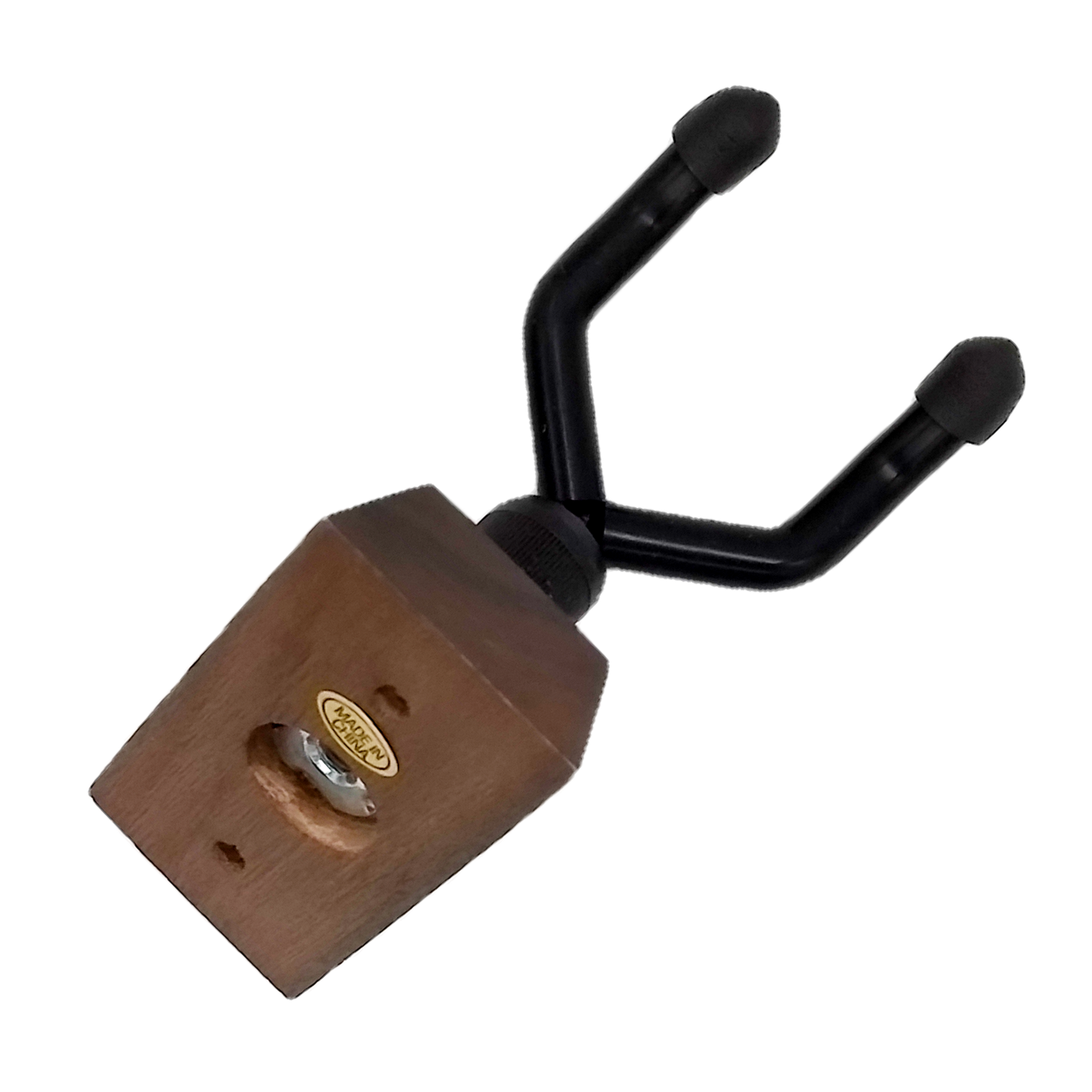 a slant view that shows the screw that attaches the metallic part of the stand to the wooden block that attaches to the wall
