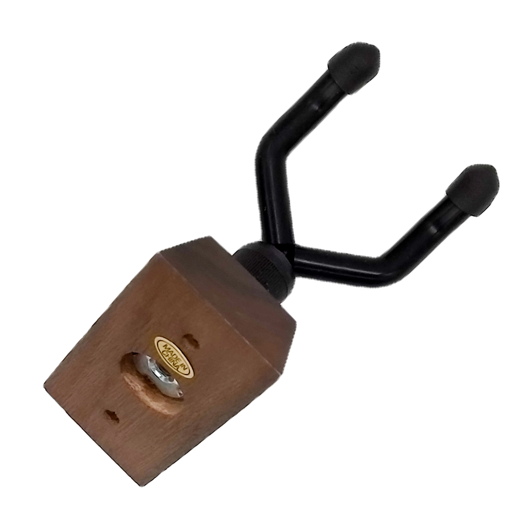 a slant view that shows the screw that attaches the metallic part of the stand to the wooden block that attaches to the wall
