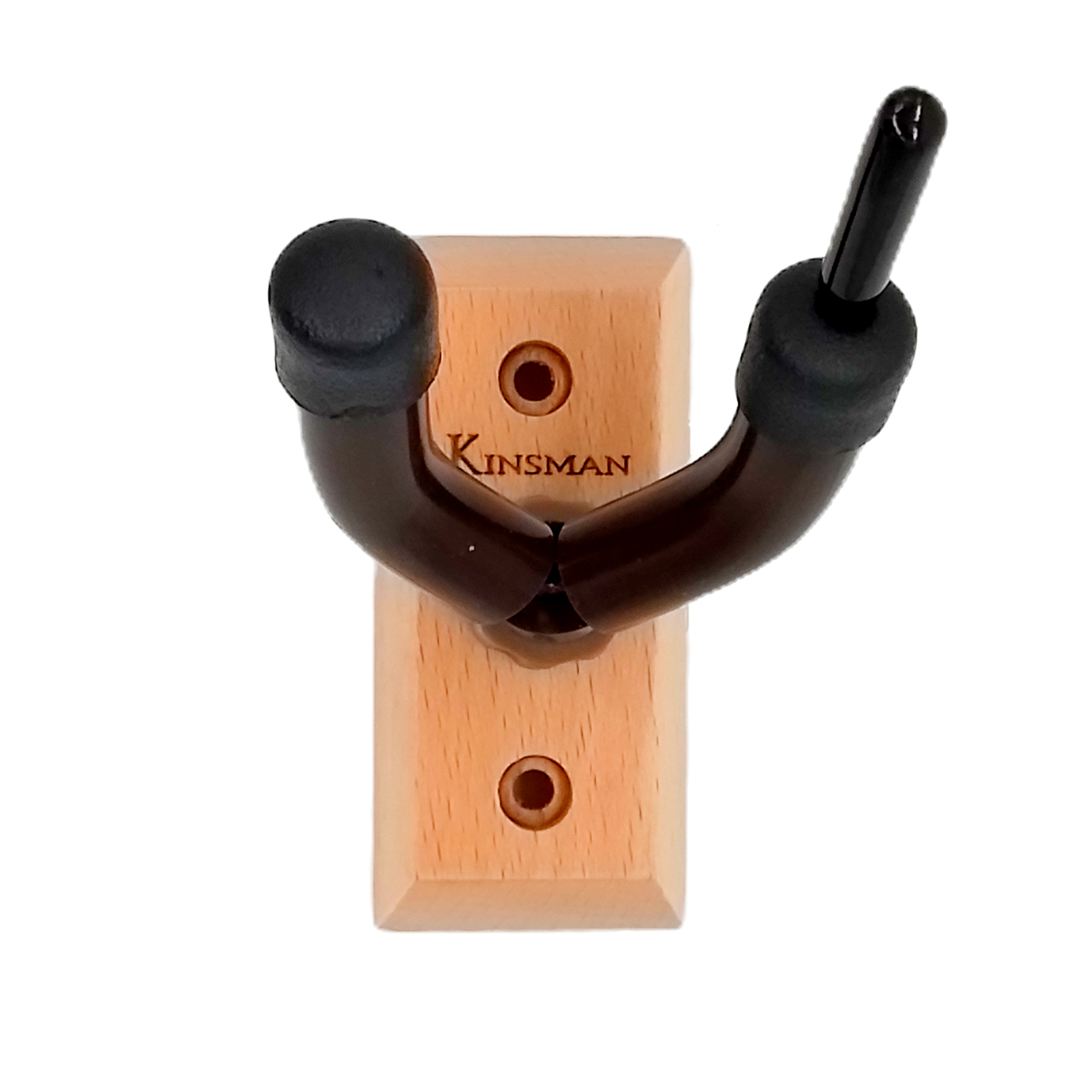 This wall hanger has two sections a wooden one, which consists in a block with two screw holes in it to attach to the wall and a metal hook where the violin and bow are suspended; the violin from the scroll and the bow by the frog. the colour if brown and black with black foam. also, the brand 'Kinsman' is written in it.
