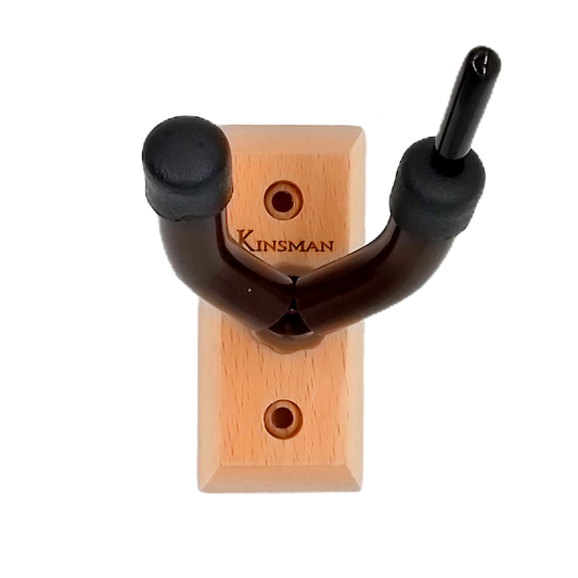 This wall hanger has two sections a wooden one, which consists in a block with two screw holes in it to attach to the wall and a metal hook where the violin and bow are suspended; the violin from the scroll and the bow by the frog. the colour if brown and black with black foam. also, the brand 'Kinsman' is written in it.