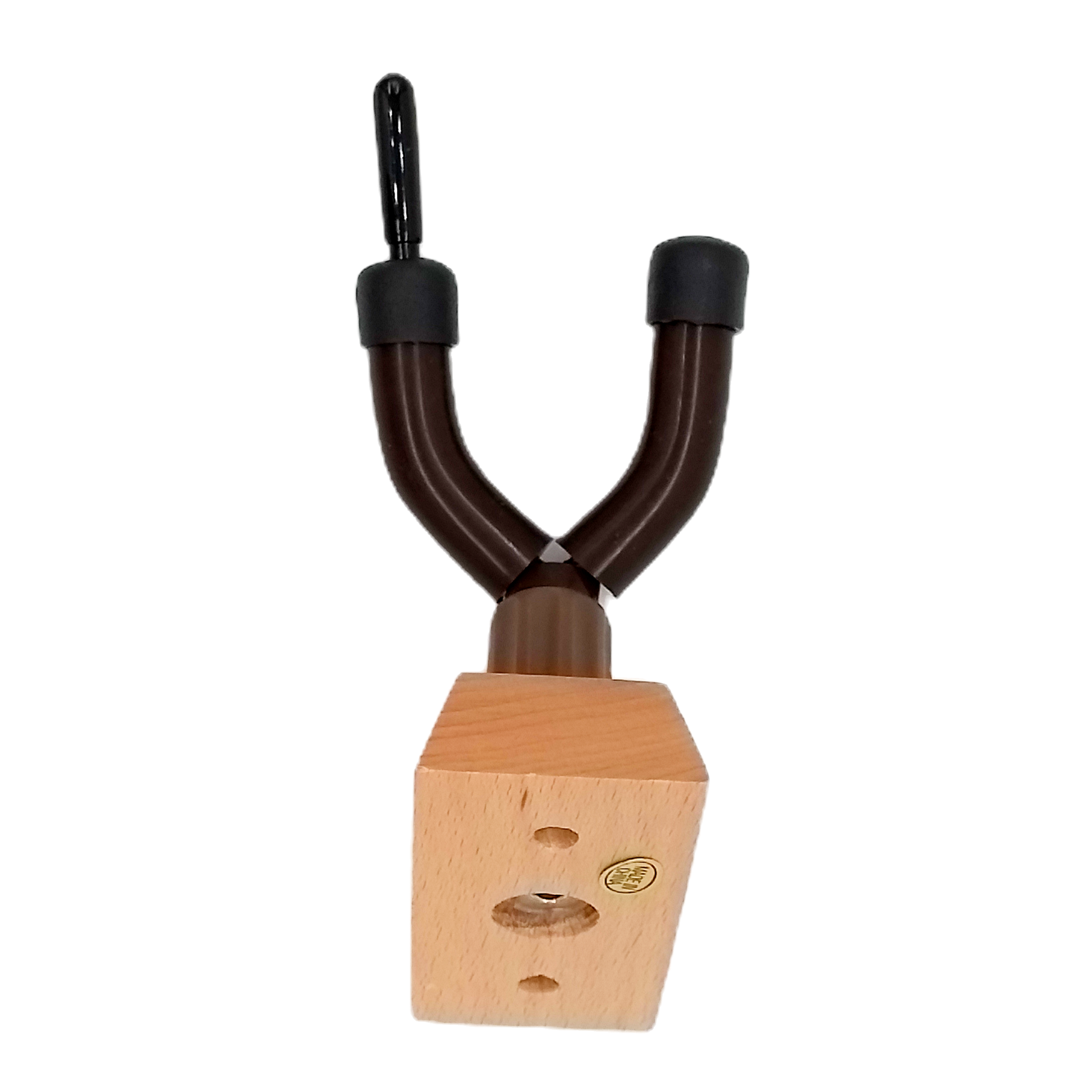 a slant view that shows the screw that attaches the metallic part of the stand to the wooden block that attaches to the wall
