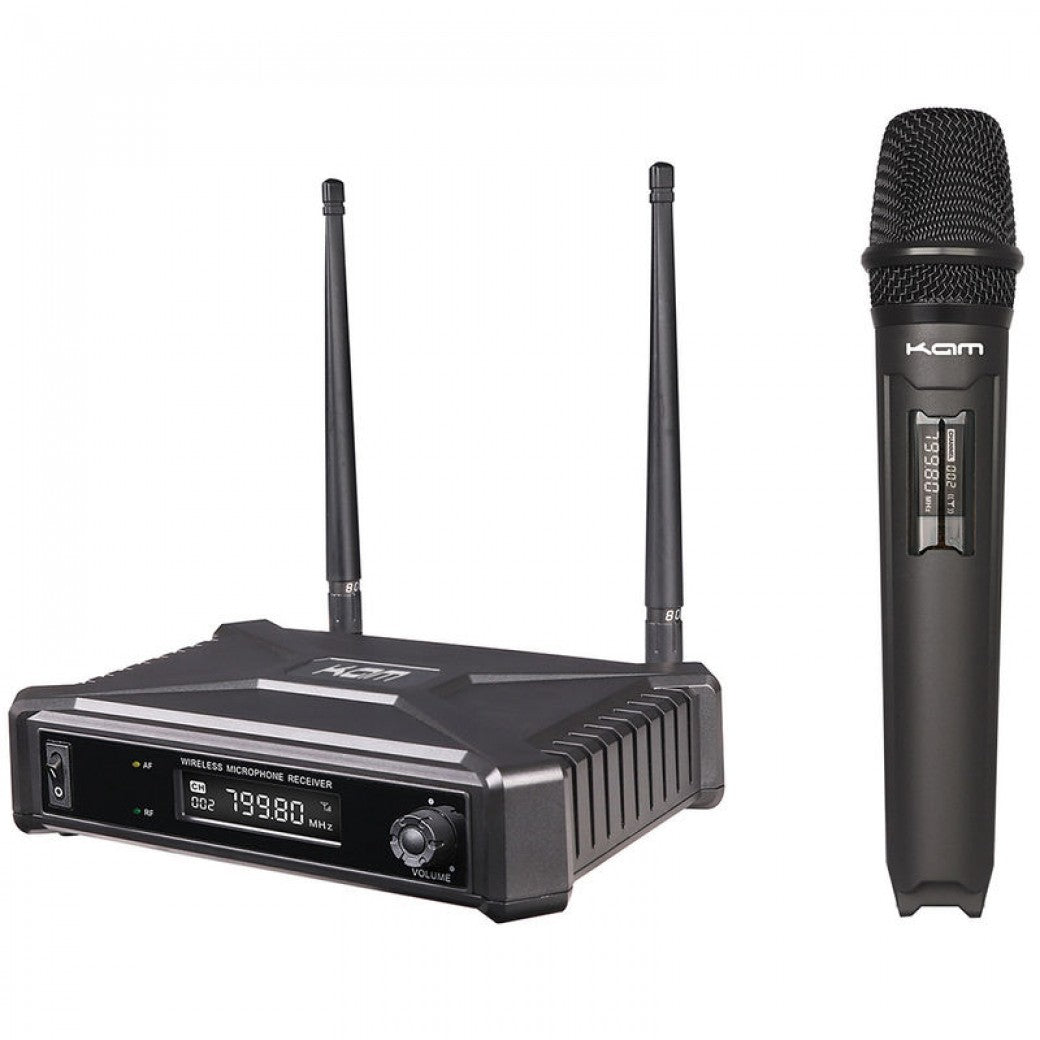 Wireless microphone system with receiver and handheld microphone on a white background