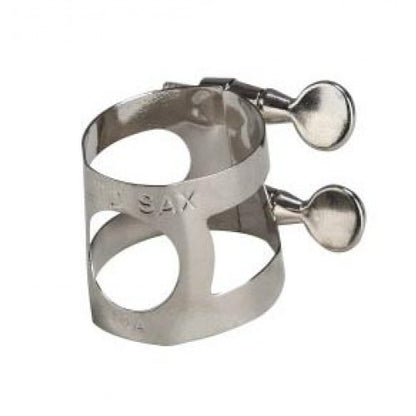 Metallic saxophone ligature on a white background